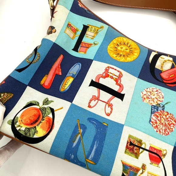 Gucci Alphabet Patchwork Blue Multi Canvas Crossbody with Brown Leather Trim - Picture 4 of 14